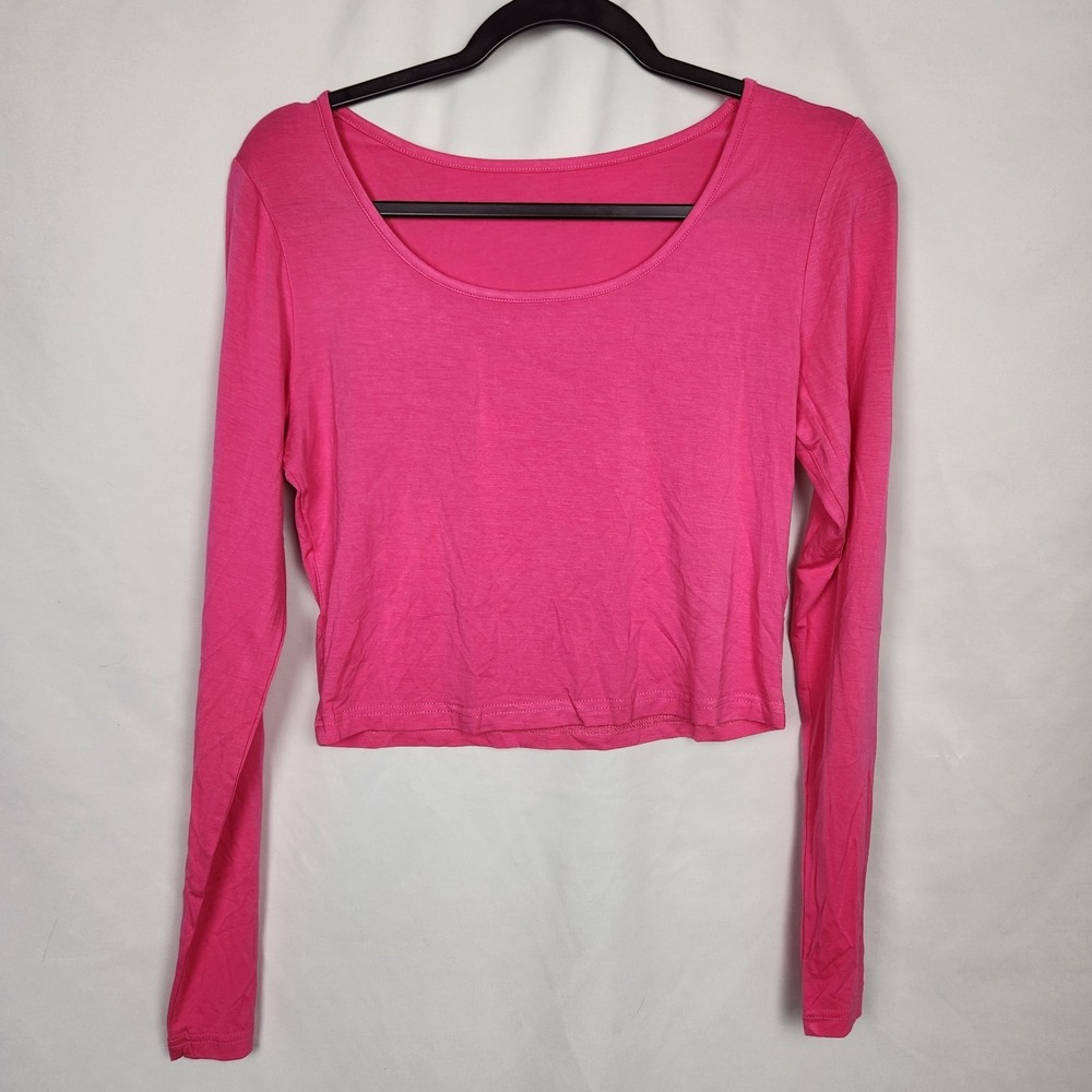 Womens Large Crop Top Long Sleeve Scoop Neck‎ Pink Rayon/Spandex